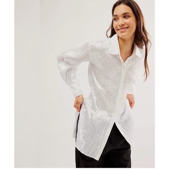 Free People Lydia Top Size Extra Small Button Down Shirt Tunic Optic White NWT - Picture 1 of 15